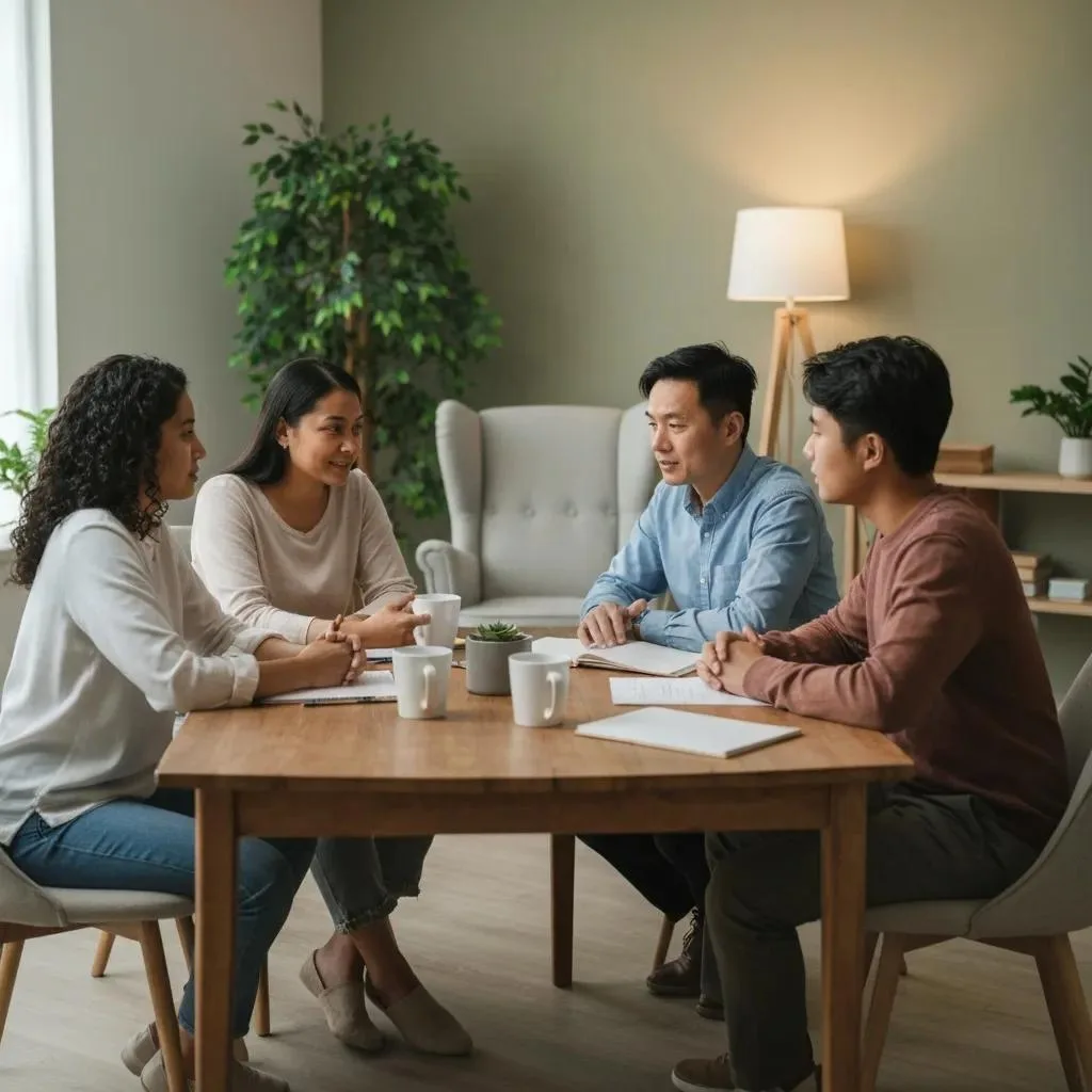 Family counseling session focusing on improving relationships and supporting sobriety, featuring four individuals engaged in discussion around a table with coffee cups and notebooks in a warm, inviting setting.