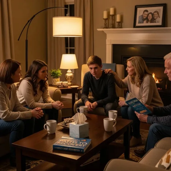 Family Discussing Addiction Intervention In A Supportive Living Room Setting