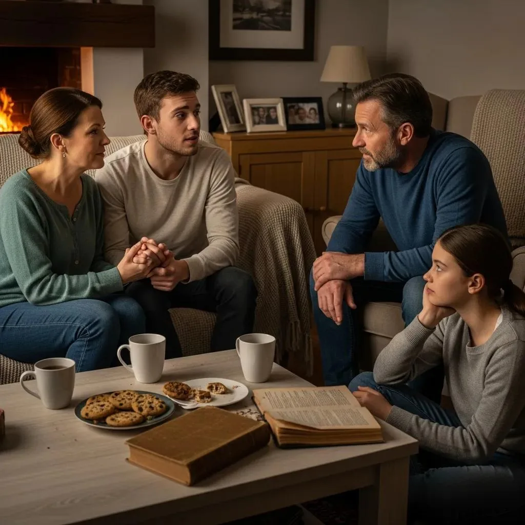 Addiction Treatment &Amp; Rehab Green Valley, Nevada Family discussing emotional support during addiction recovery, highlighting connection and healing, with coffee and cookies on the table.