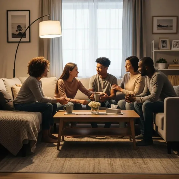 Family Discussing Addiction Recovery In A Warm, Supportive Environment