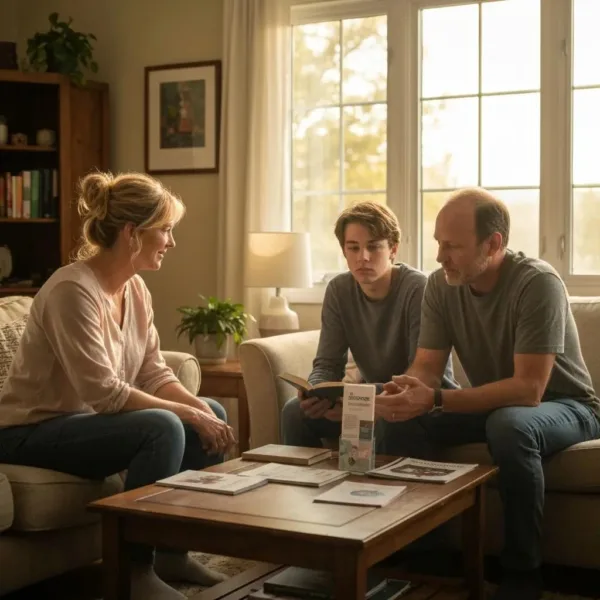 Family Discussing Addiction Treatment Options In A Cozy Living Room, Emphasizing Support And Hope