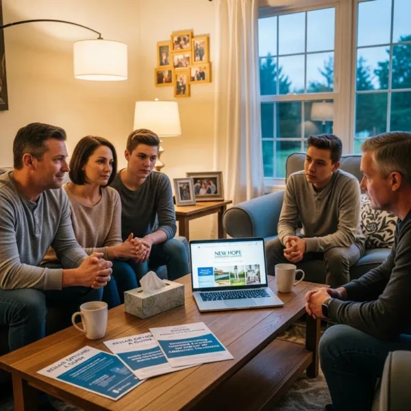 Blogs Family discussing addiction treatment options in a supportive living room, with a laptop displaying "New Hope" and informational brochures on the table.
