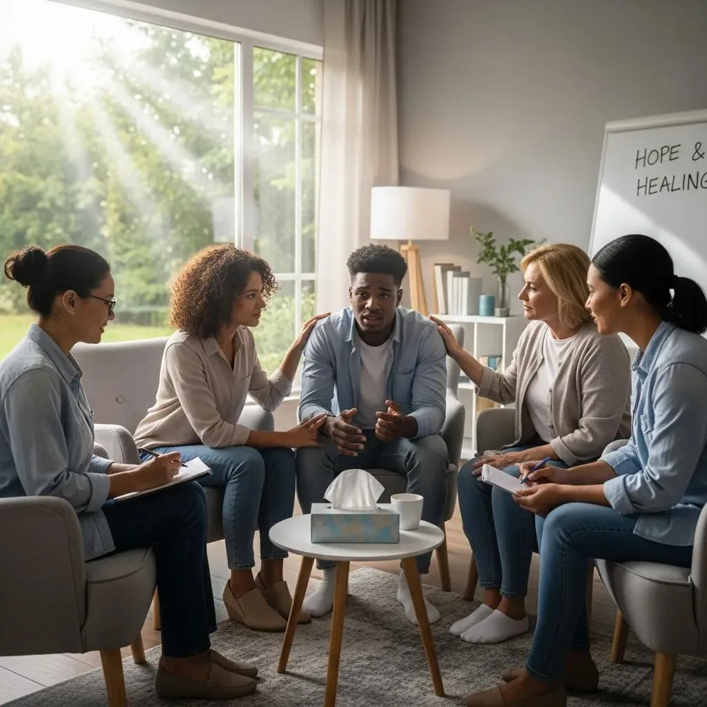 Dual Diagnosis: Integrated Treatment For Co-Occurring Disorders Group therapy session with a diverse group of individuals discussing co-occurring disorders, emphasizing communication and support, in a warm and inviting environment.