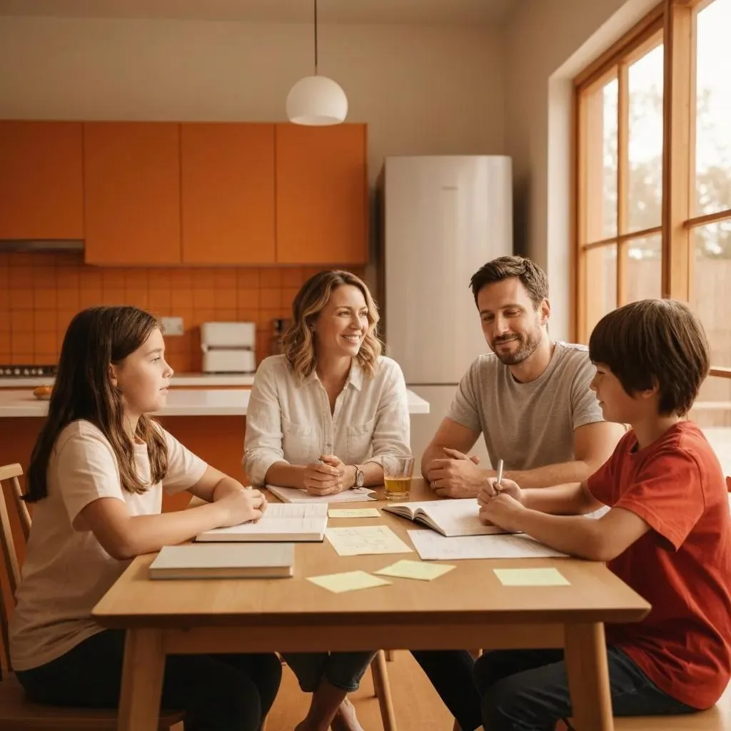 Family discussing coping strategies for addiction at a kitchen table, highlighting supportive communication and proactive recovery steps.