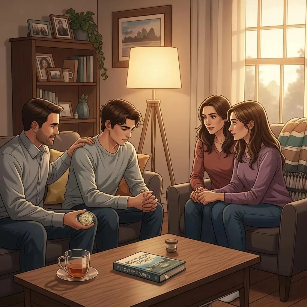 Early Intervention For Addiction: Why It Matters Family discussing early intervention for addiction in a supportive living room, featuring a young man looking contemplative, while parents offer comfort and encouragement, with a book titled "Recovery Stories" on the coffee table.