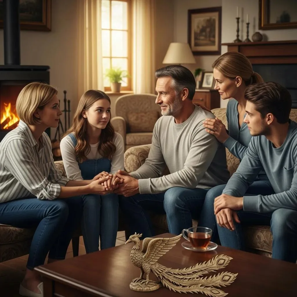 Family discussing healing from betrayal during addiction recovery, showcasing emotional support and trust rebuilding, with a warm living room setting and a decorative table centerpiece.