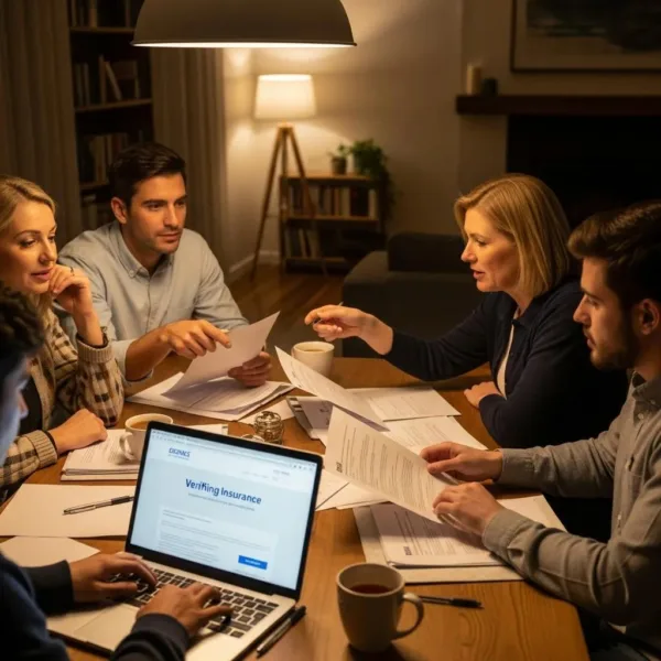 Blogs Family discussing insurance documents for addiction rehab in a cozy setting, with a laptop displaying "Verifying Insurance" and various papers on the table.