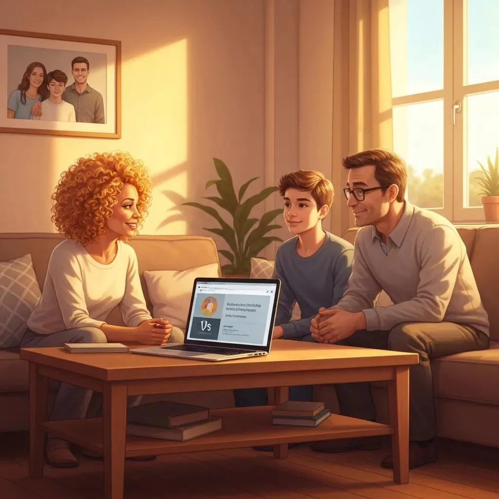 Family discussing addiction treatment options in a cozy living room, with a laptop displaying information about rehab costs and programs.