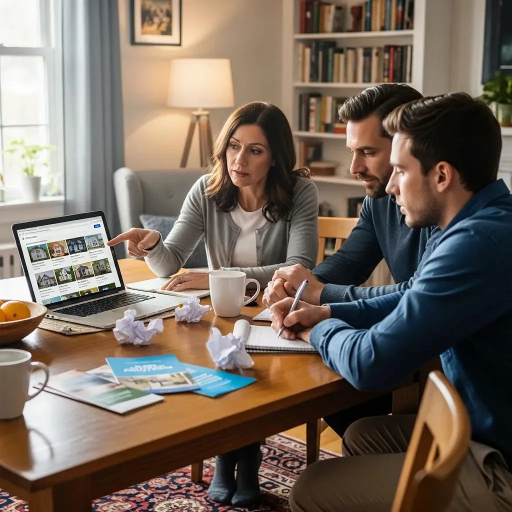 Sober Living Homes: Support After Inpatient Rehab Family discussing sober living home options at a table with a laptop, emphasizing thoughtful decision-making and care in recovery planning.