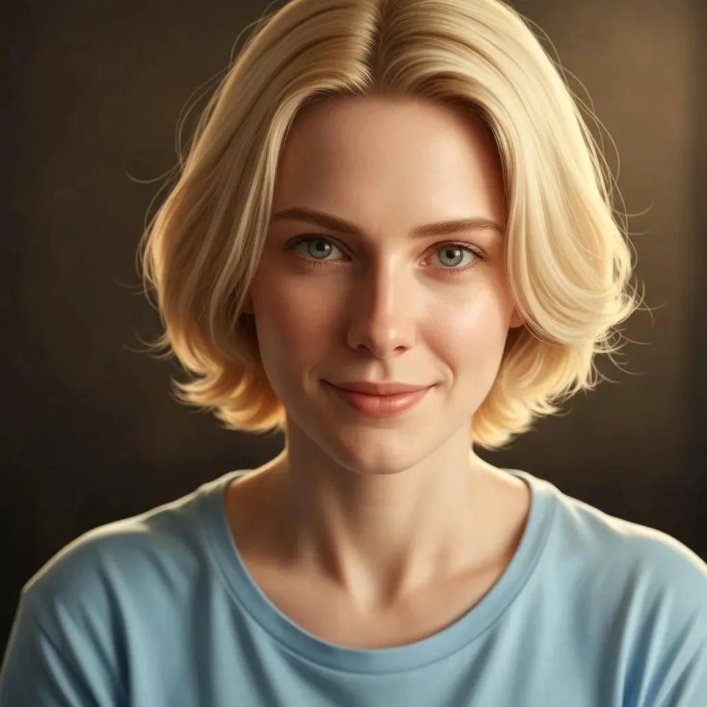 Young woman with short blonde hair, smiling warmly, in a cozy setting, reflecting themes of support and recovery for mental health and addiction.