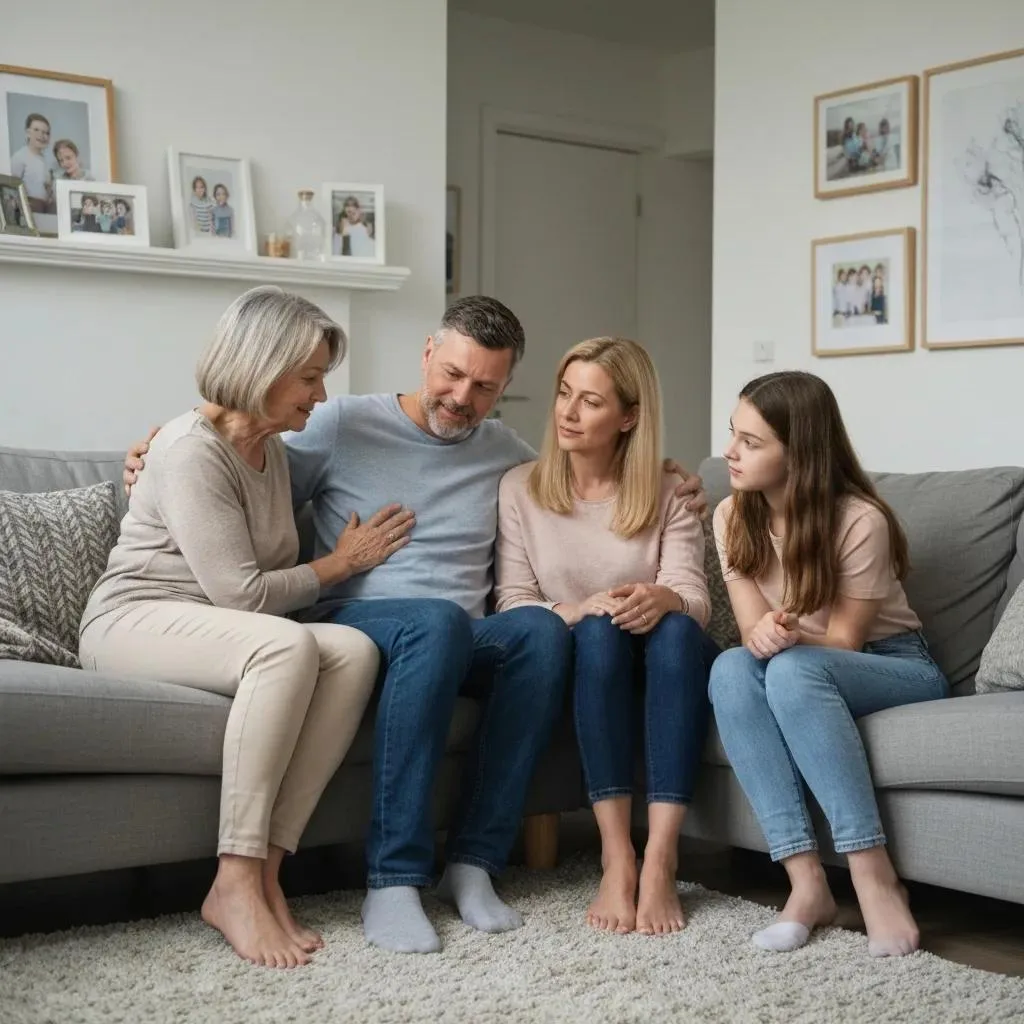 Family discussing support strategies during alcohol detox, emphasizing emotional support and communication in a cozy living room setting.