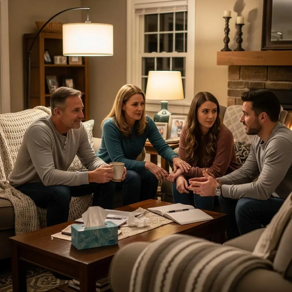 Relapse Prevention Strategies For Long-Term Sobriety Family discussing support strategies for a loved one in recovery, emphasizing emotional support, accountability, and communication in a cozy living room setting.