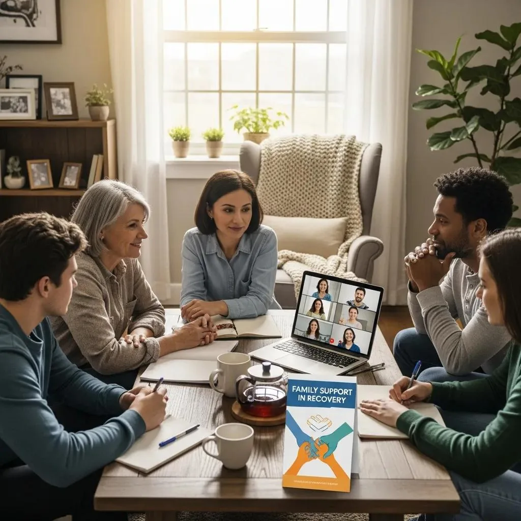 Na Meetings Las Vegas: Find Local Support Groups Family discussing recovery support strategies, with a laptop displaying a virtual meeting, featuring the text "Family Support in Recovery," in a cozy setting.