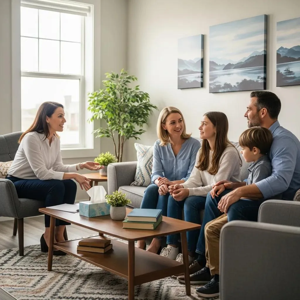 Family Taking Part In Therapy, Illustrating Support And Healing After Intervention
