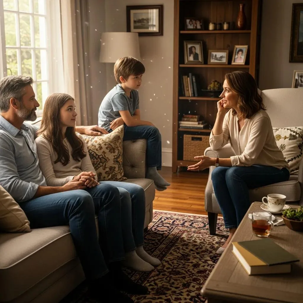 Family engaged in supportive conversation at home, emphasizing the importance of aftercare and family involvement in recovery.