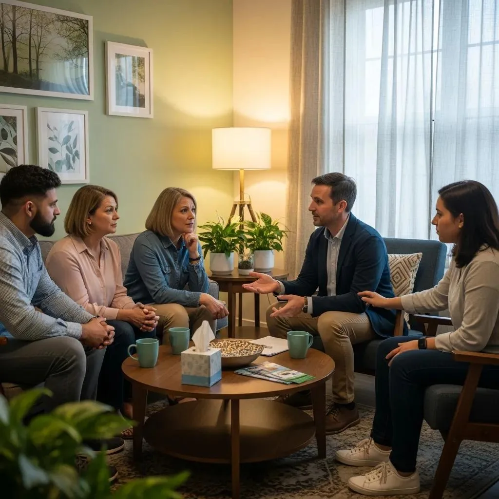 Creating A Safe &Amp; Comfortable Detox Environment Family meeting with clinician in a detox center, discussing support and collaboration, featuring a diverse group seated around a coffee table with plants and educational materials.