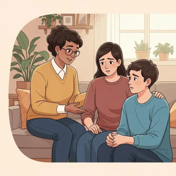 Blogs Compassionate support during relapse, featuring a diverse woman comforting two young adults in a cozy living room setting, emphasizing emotional connection and recovery.