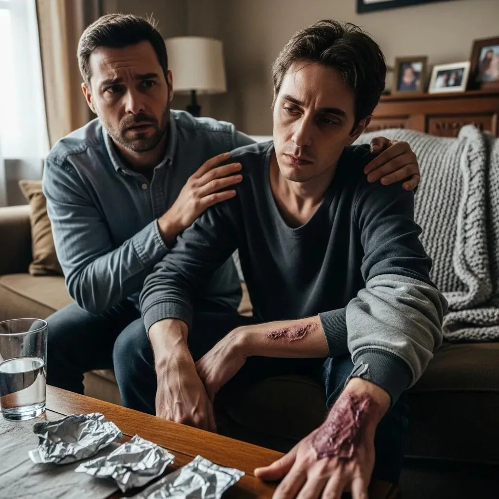 Specialized Fentanyl Detox Treatment In Las Vegas Man comforting another man with visible arm wounds, indicative of substance use, sitting in a living room with crumpled foil wrappers on the table, reflecting the impact of fentanyl addiction.