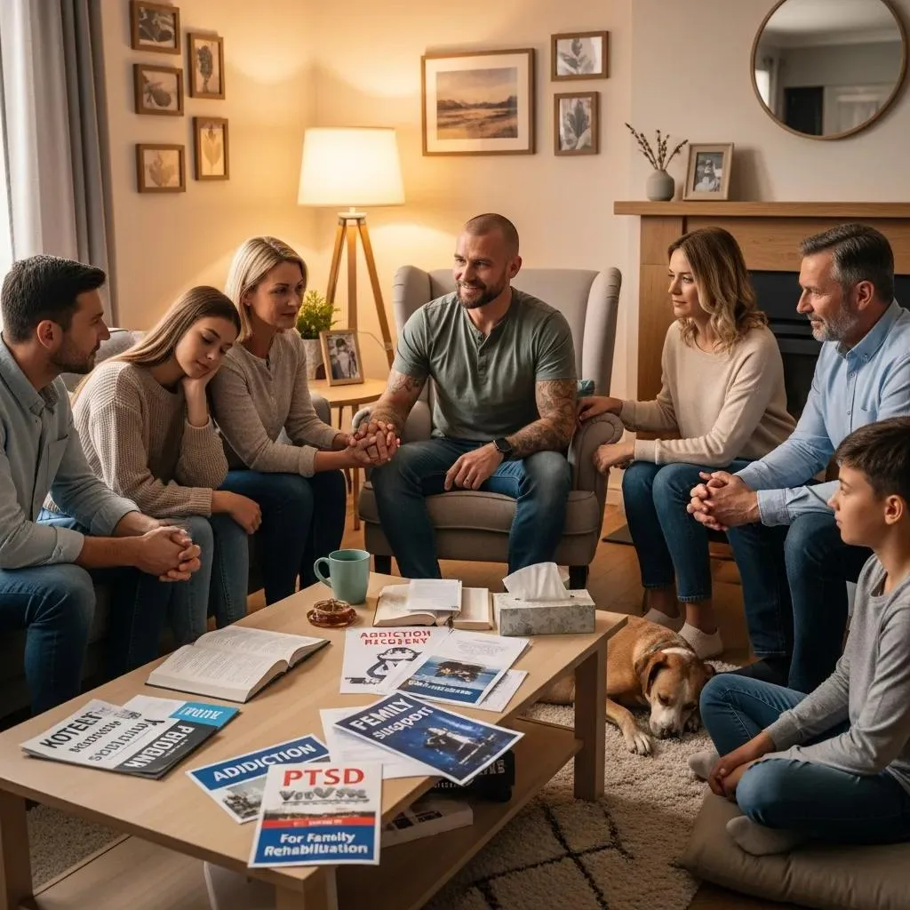 Family Members In A Supportive Discussion Preparing To Help A Veteran In Rehab