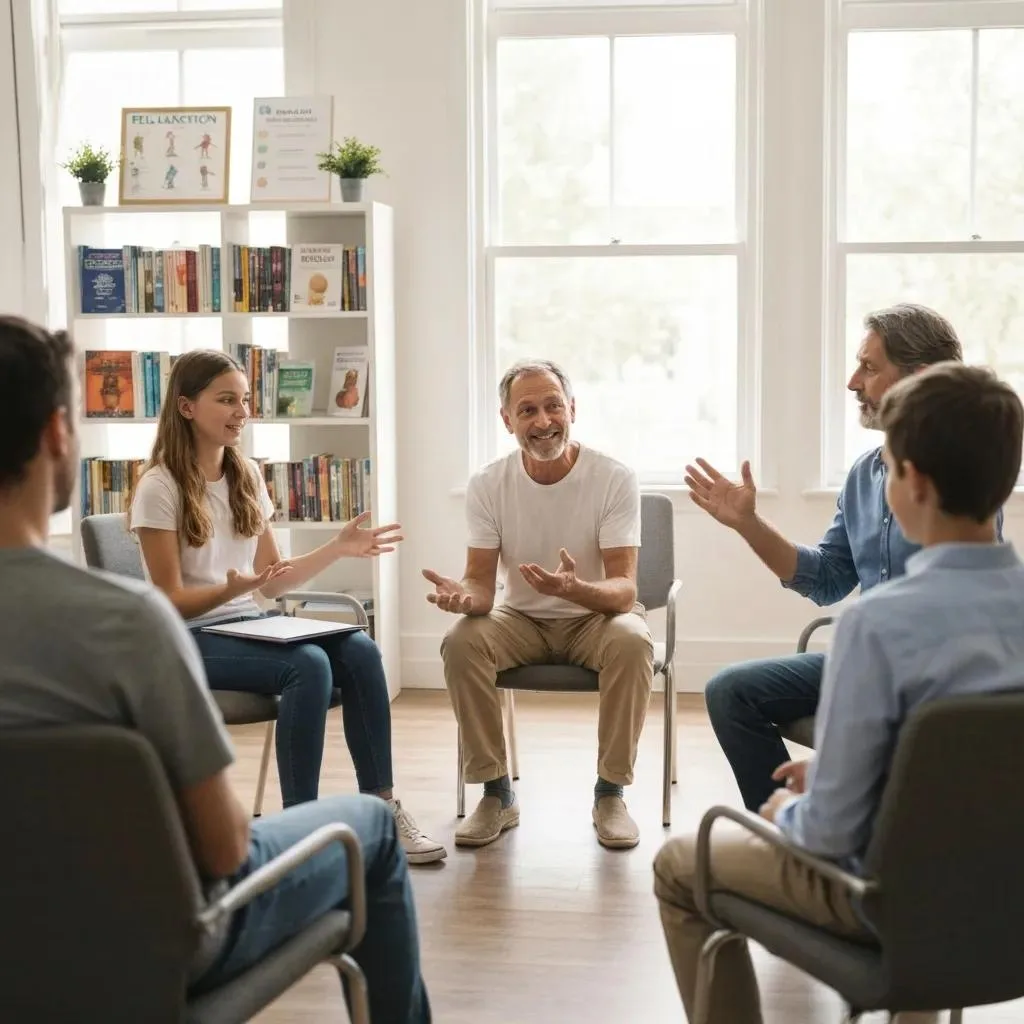 Family Members Engaged In A Group Therapy Session Discussing Coping Strategies For Addiction
