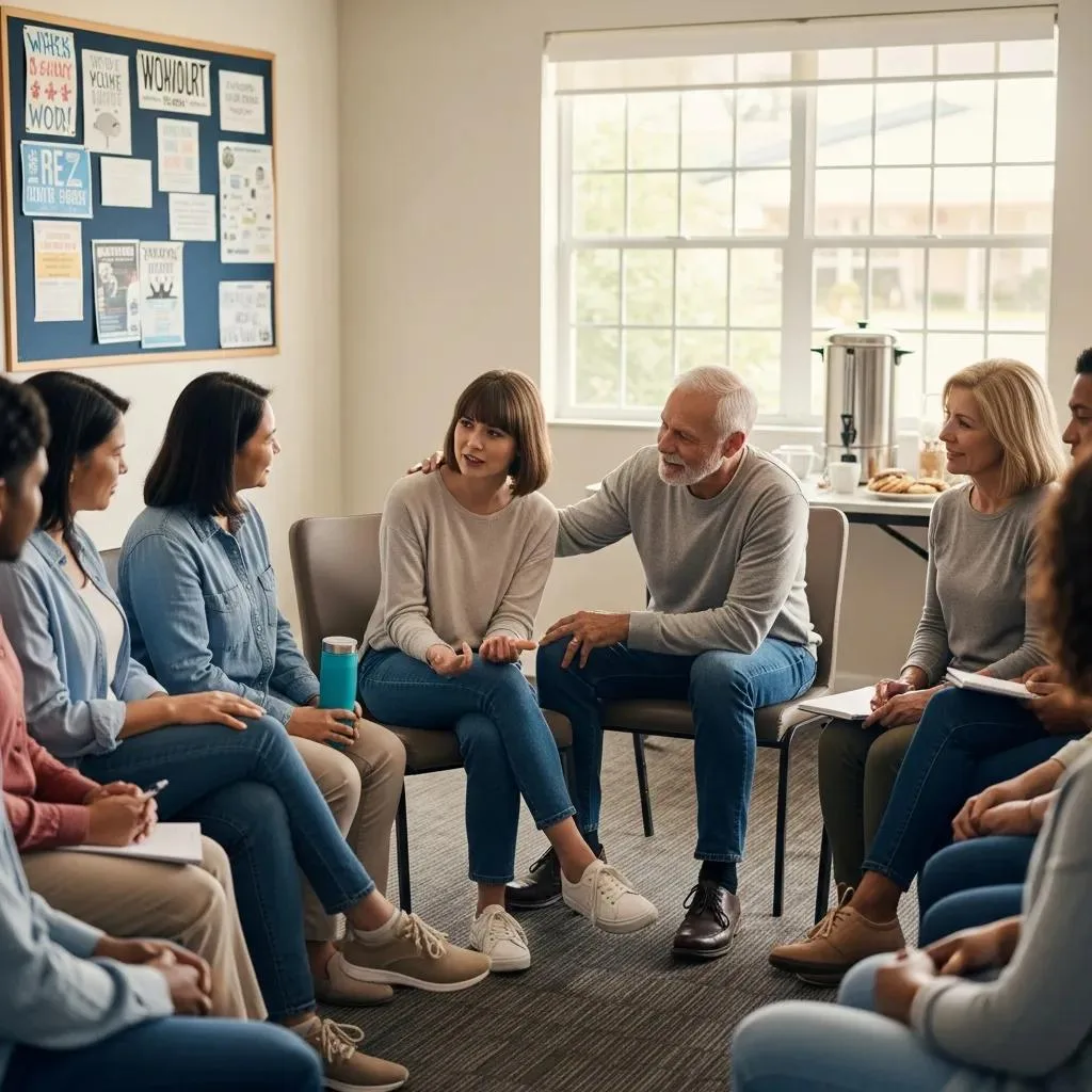 Family members engaged in a supportive discussion about coping strategies in a community center setting, emphasizing emotional support and recovery connections.