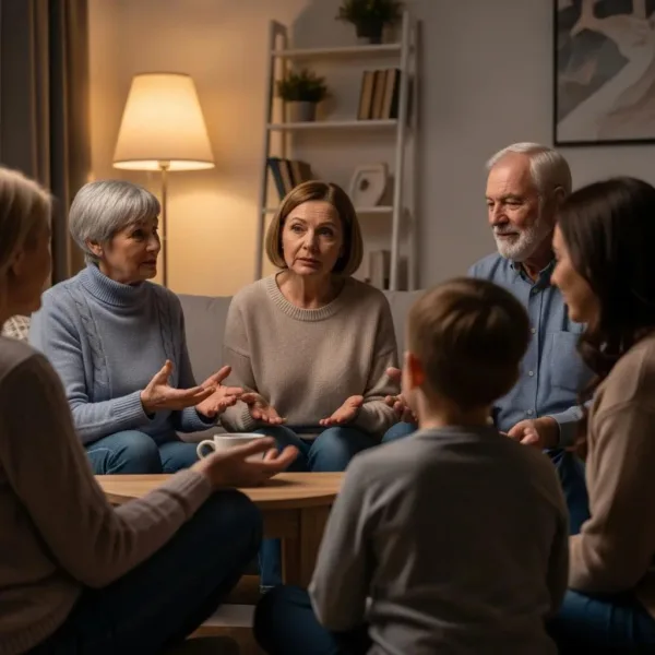 Family Members Engaging In Open Communication In A Cozy Living Room, Symbolizing Trust And Healing After Addiction.
