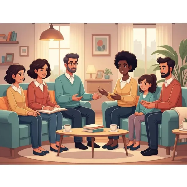Family Members Engaging In Supportive Conversation In A Cozy Living Room