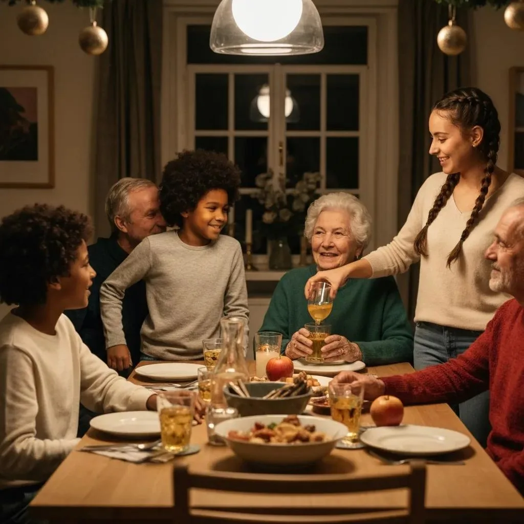 Managing Holiday Stress To Prevent Addiction Relapse Family Gathered At A Holiday Table With Non-Alcoholic Drinks, Showing Supportive Interactions That Help Protect Sobriety