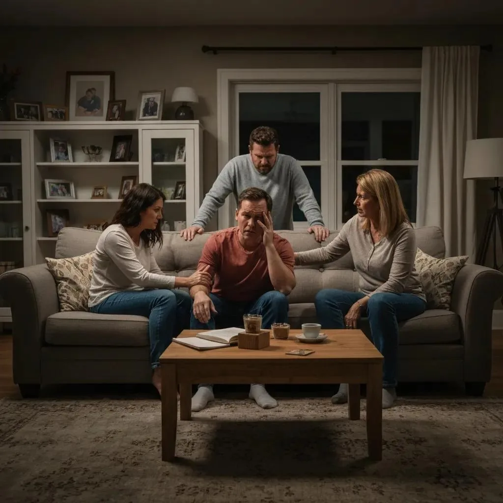 Family Therapy: Healing Relationships In Addiction Treatment Family members supporting a man in emotional distress, emphasizing the impact of addiction on relationships, with a focus on therapy and support.