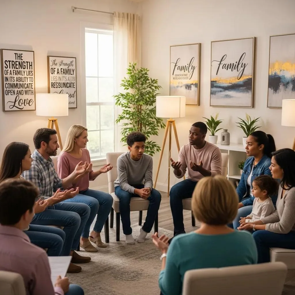 Evidence-Based Therapeutic Modalities For Addiction Recovery Family members engaged in a group therapy session focused on addiction recovery, discussing emotions and experiences in a supportive environment.
