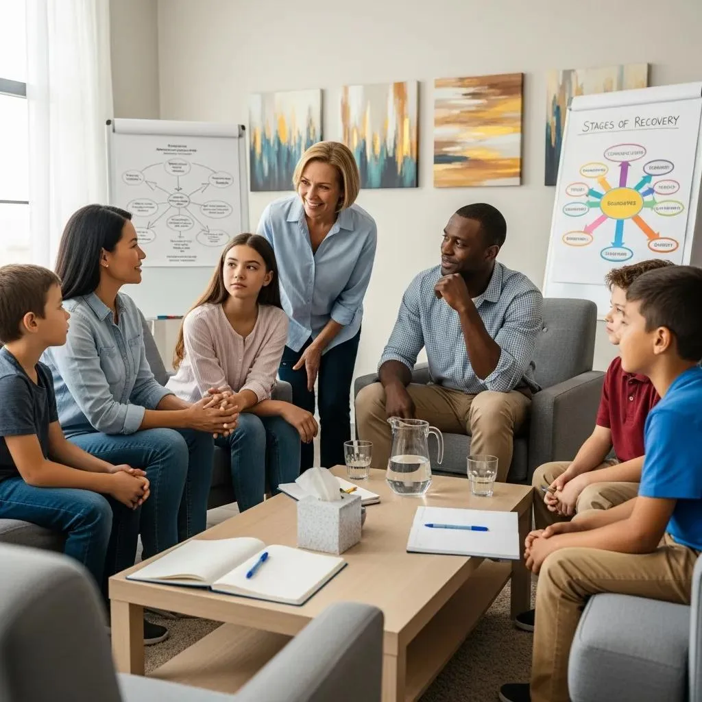 Family members participating in a group therapy session focused on addiction recovery, discussing communication and support strategies, with visual aids on the wall illustrating stages of recovery.