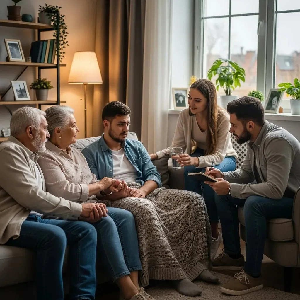 Family members providing emotional support to a loved one during withdrawal, emphasizing safety and hydration in a calm home environment.