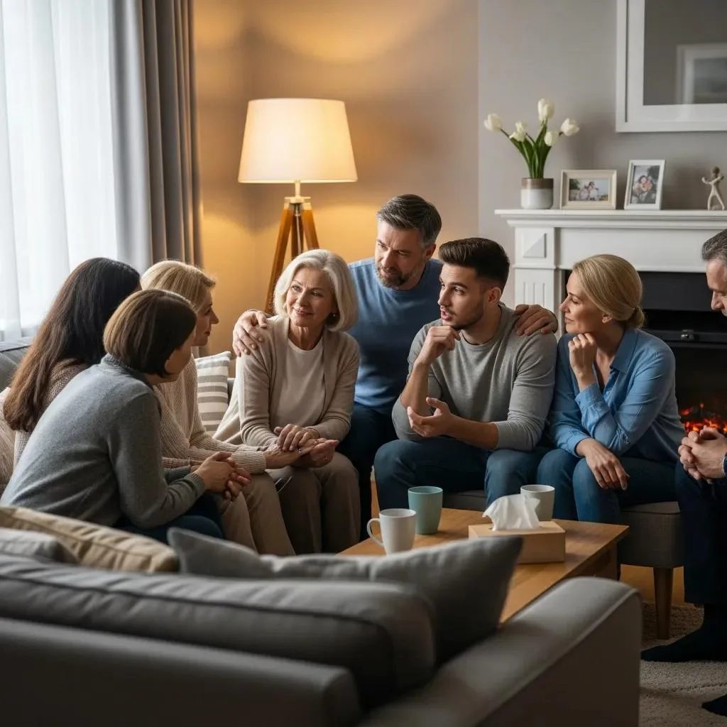 Family members engaged in supportive conversation, emphasizing communication and connection during recovery transition.