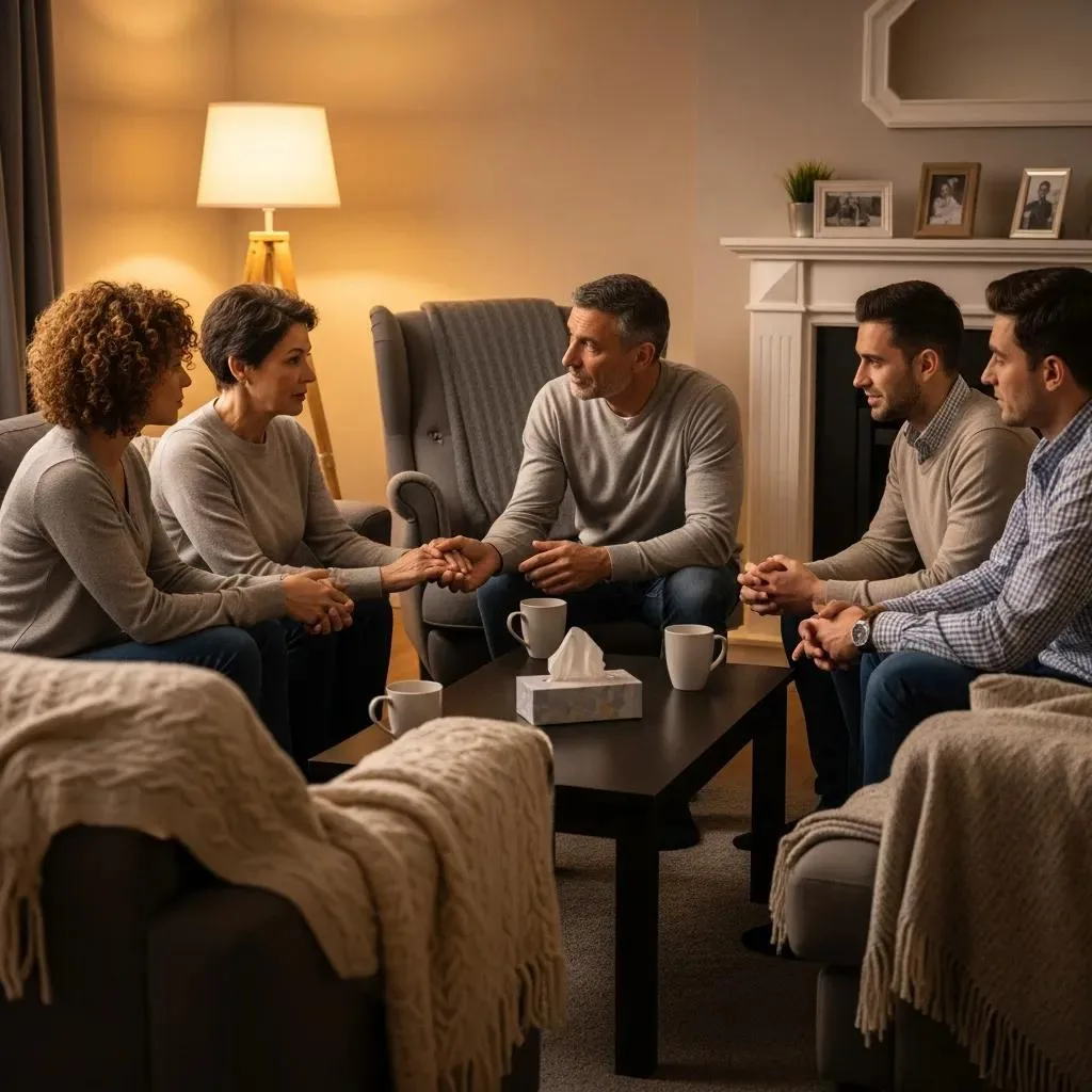 Grief &Amp; Loss In Recovery: Healthy Coping Strategies Family members supporting each other in a cozy living room during a grief discussion, emphasizing emotional connection and communication in recovery from loss.