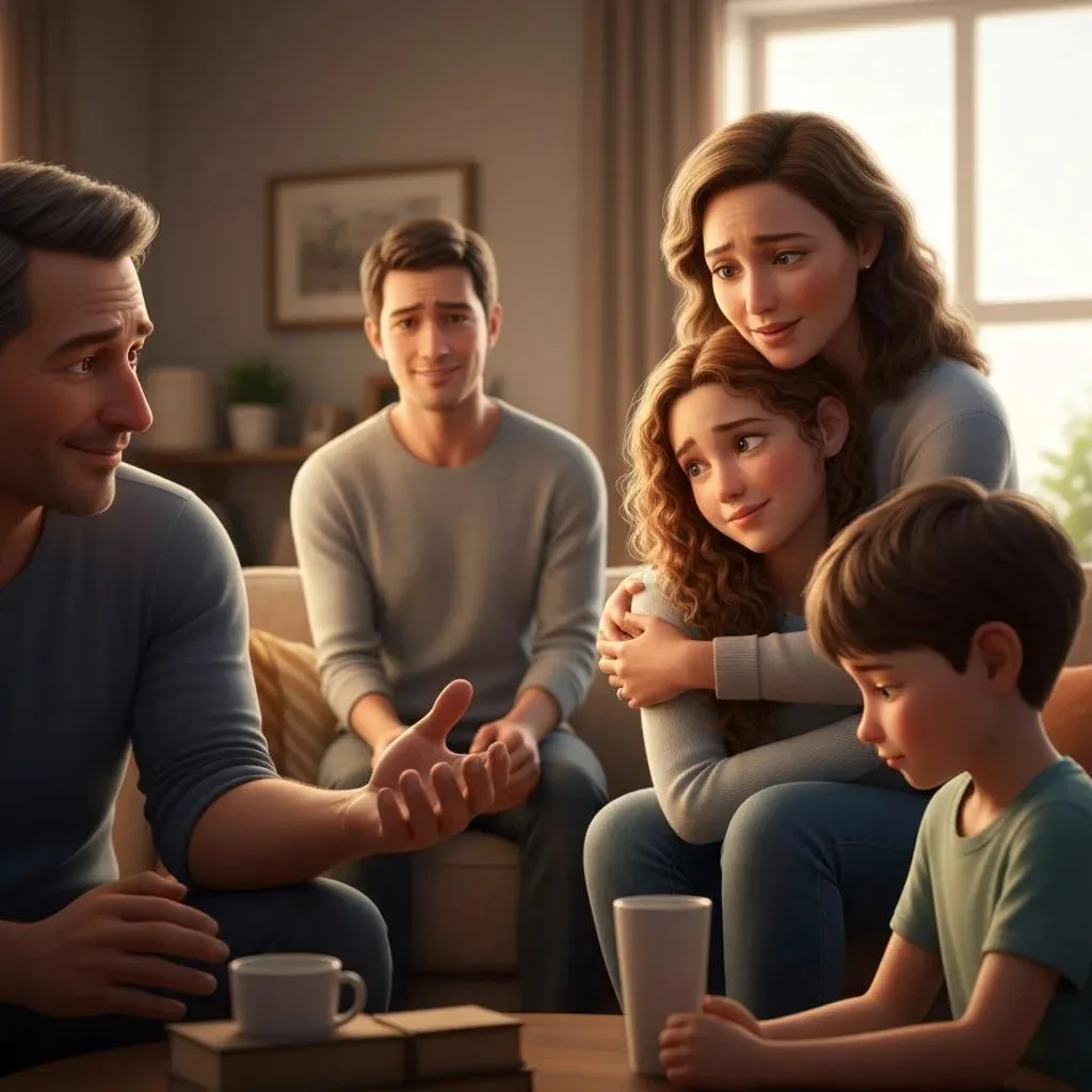 Family members supporting each other in a cozy living room, emphasizing the importance of family involvement in addiction recovery.