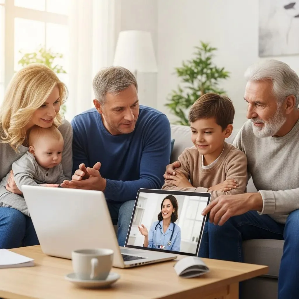 Telehealth In Addiction Treatment: Virtual Care Family participating in a virtual support session for addiction recovery, engaging with a clinician on a laptop, emphasizing the importance of family involvement in treatment.