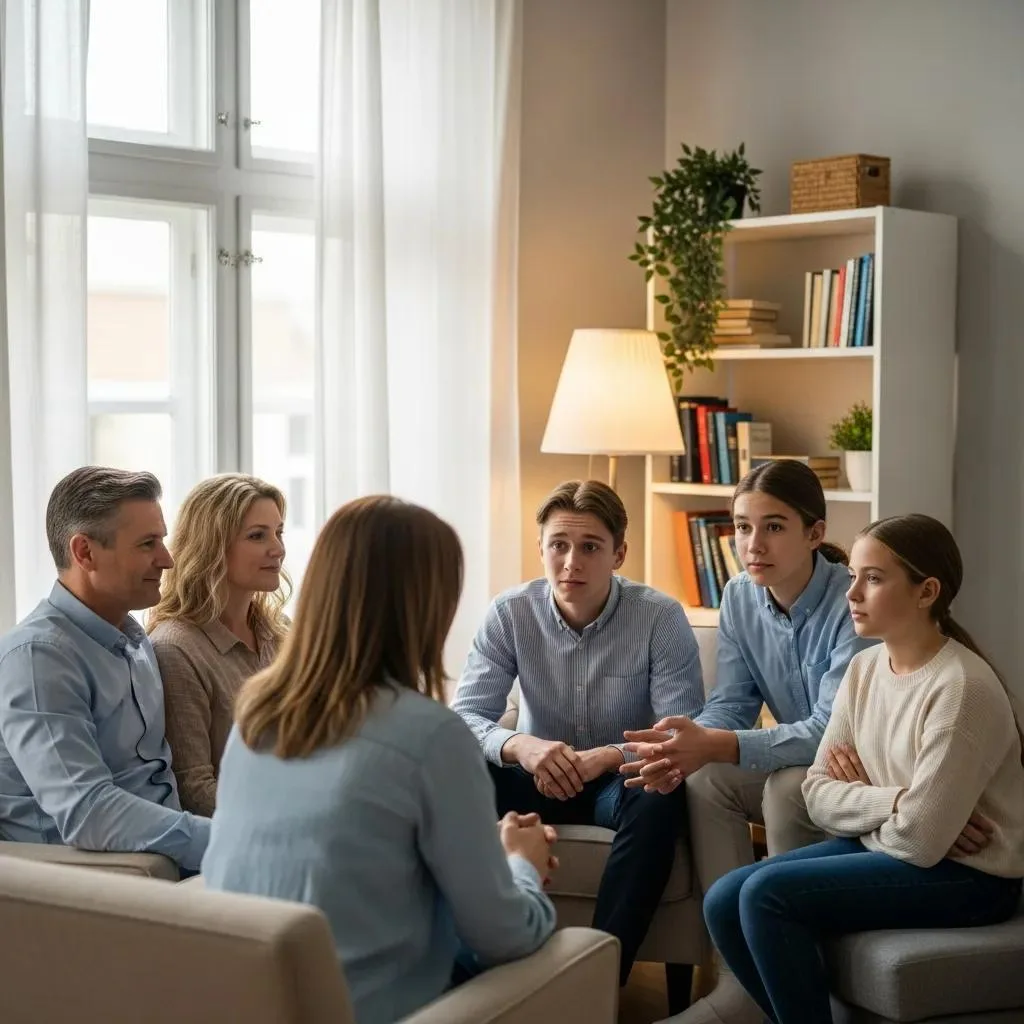 Talking To Kids About Addiction: A Parent'S Guide Family therapy session with caregivers and children discussing recovery from addiction, focusing on communication and support, in a cozy living room setting.