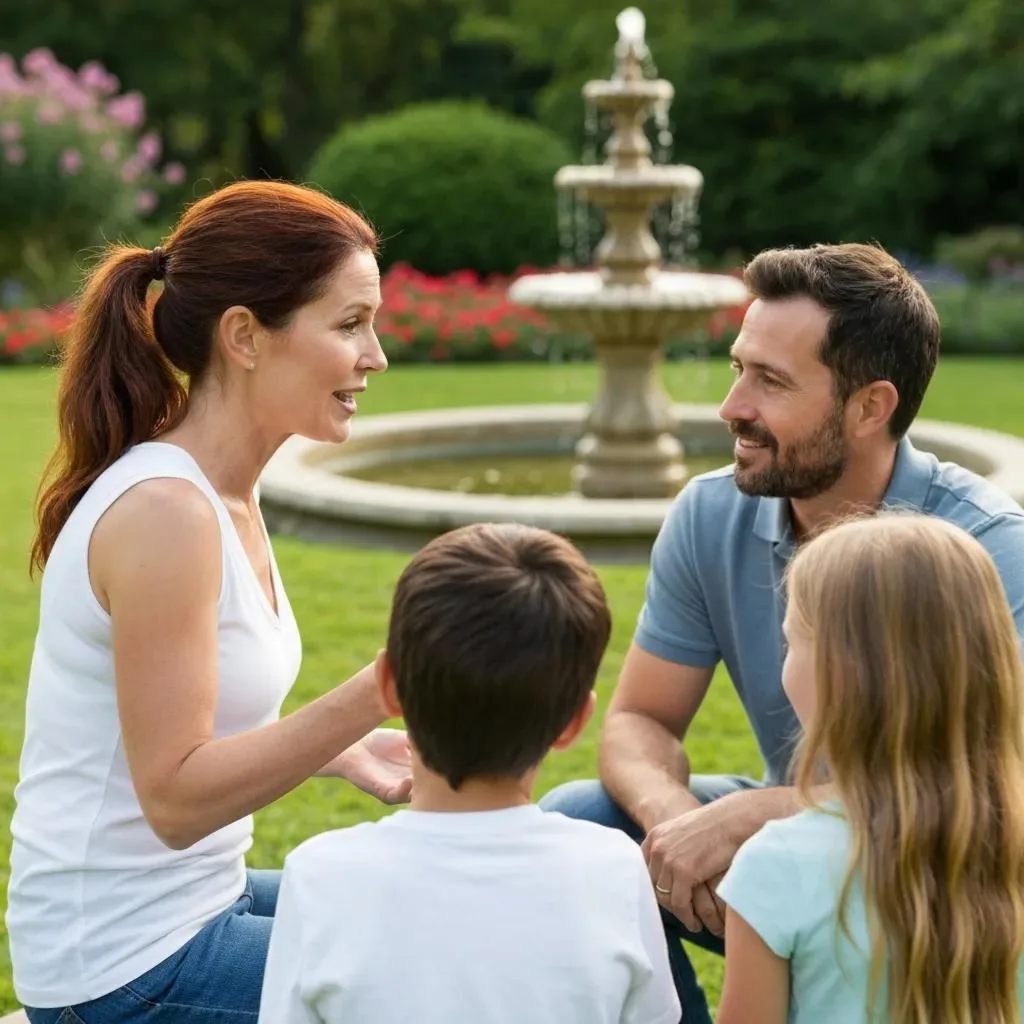 Family engaging in active listening and communication strategies in a park setting, emphasizing healthy conflict resolution and emotional safety.