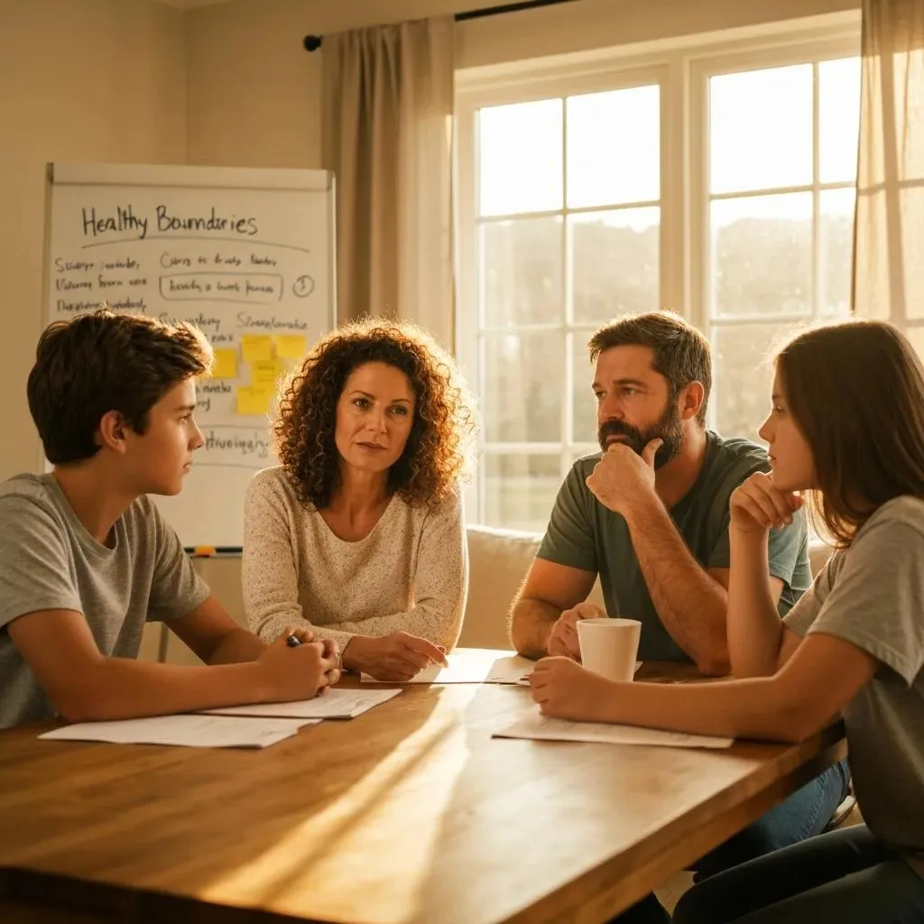 Counseling Options For Families In Addiction Recovery Family discussing healthy boundaries during a counseling session, with a whiteboard in the background highlighting key topics related to addiction recovery.