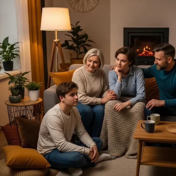 Family Support During Addiction Recovery In A Cozy Living Room Setting