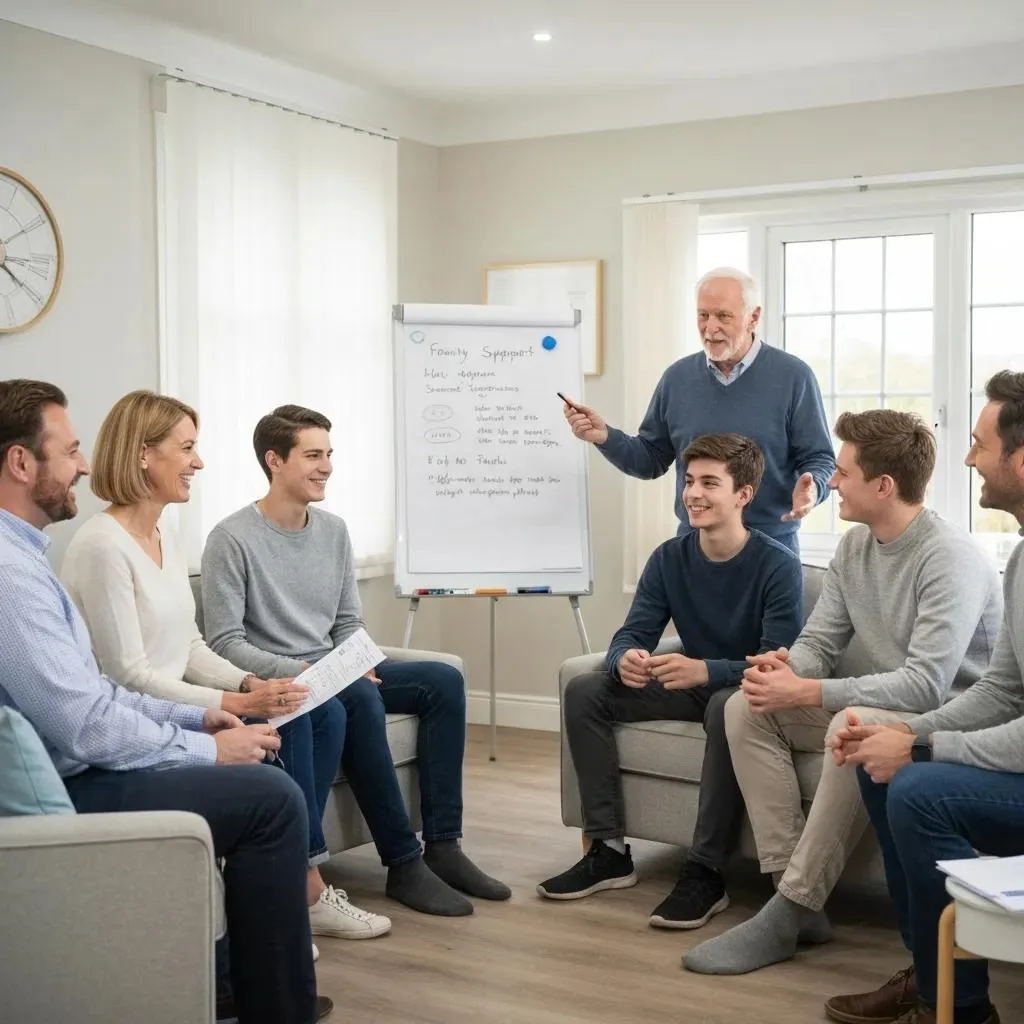 Family support workshop for addiction recovery, group discussion with facilitator, whiteboard notes on family engagement and support strategies, promoting education and community involvement.