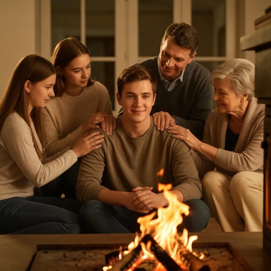 Family supporting a young man in a warm, inviting setting, emphasizing emotional connection and support during recovery from addiction.