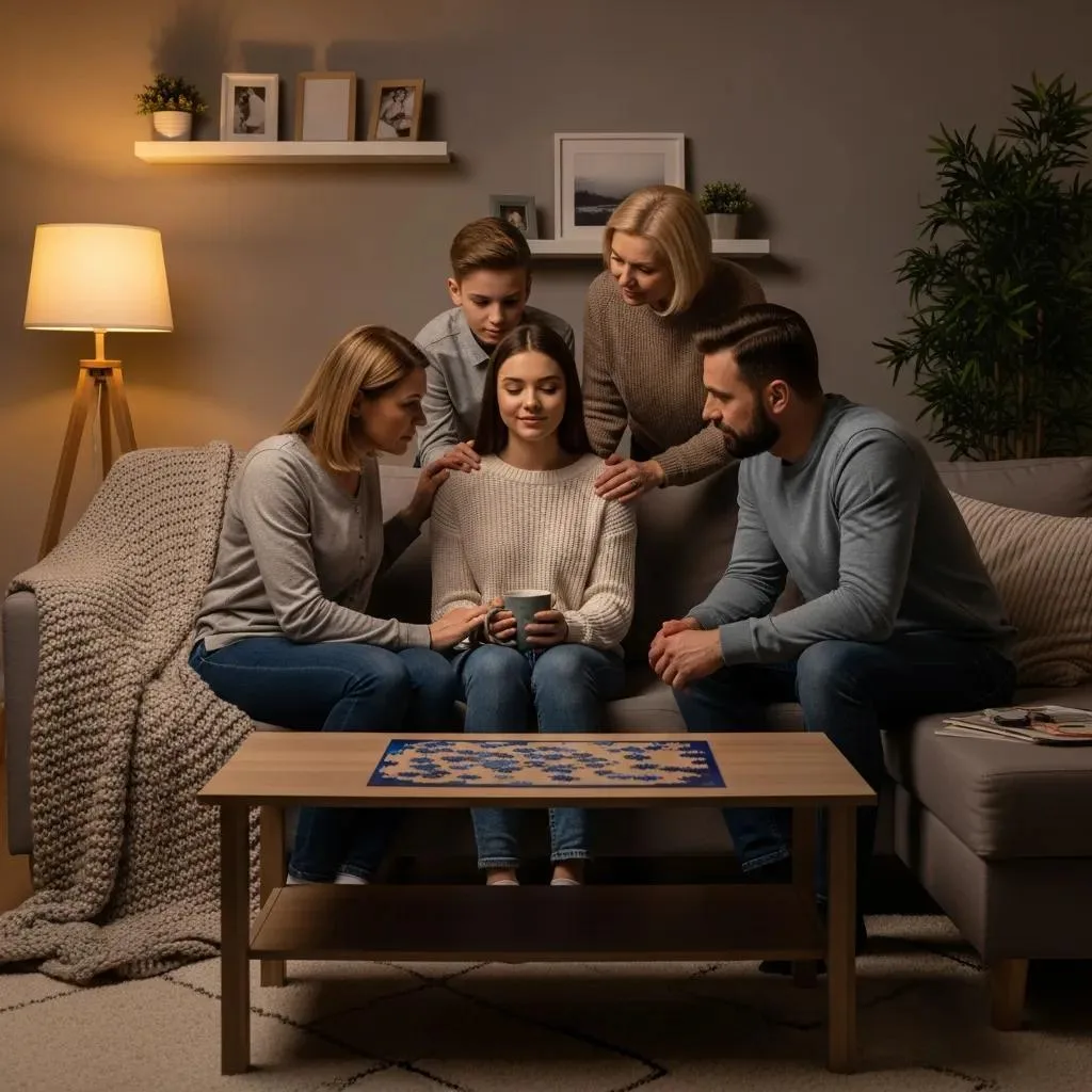 Family supporting a loved one in addiction recovery, gathered in a cozy living room, sharing a compassionate moment, with a focus on emotional connection and support.