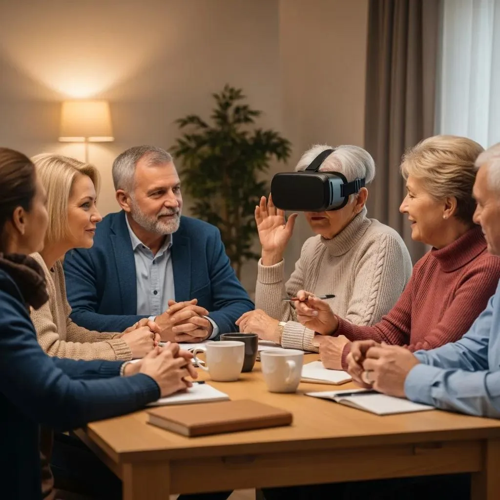 Family Member Supporting A Loved One Using A Vr Headset During Supervised Addiction Therapy
