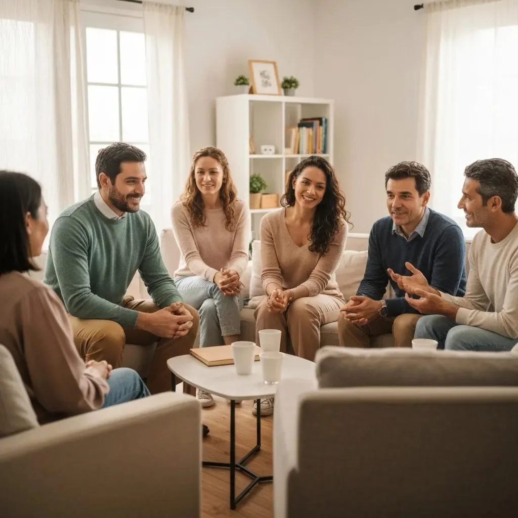 Family Therapy: Healing Relationships In Addiction Treatment Family therapy session focused on addiction recovery, featuring a therapist and supportive family members engaged in discussion in a comfortable setting.