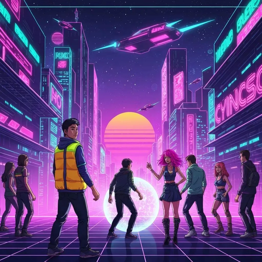 Counseling Options For Families In Addiction Recovery Diverse group of young adults in a vibrant, futuristic cityscape, engaging in a dynamic scene with neon signs and a large glowing orb, symbolizing connection and exploration in a digital age.