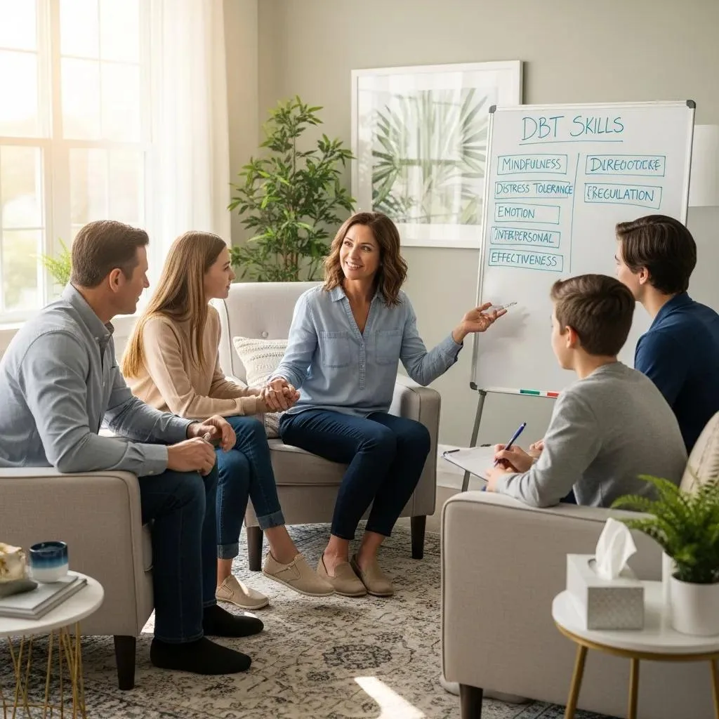 Family therapy session focusing on DBT skills, including mindfulness, distress tolerance, emotion regulation, and interpersonal effectiveness, with a facilitator guiding participants in a supportive environment.