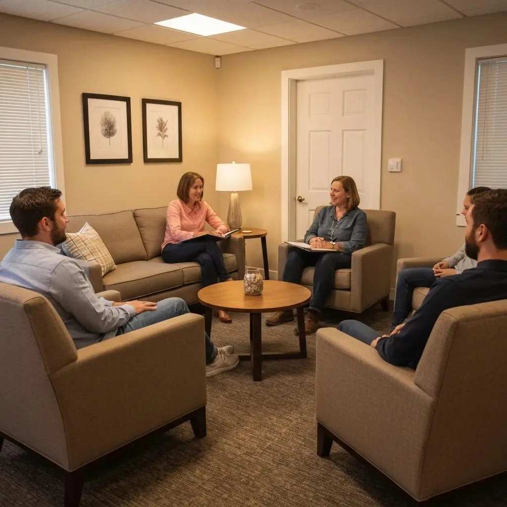 Dual Diagnosis Treatment In Las Vegas, Nv Family therapy session in a comfortable setting, with participants discussing dual diagnosis treatment, emphasizing support and communication.