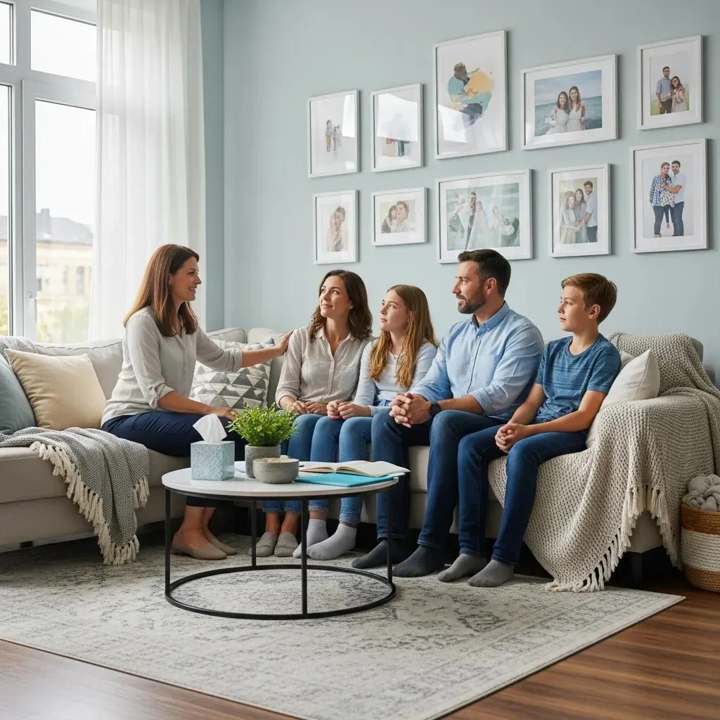 Codependency &Amp; Addiction: Breaking Unhealthy Patterns Family therapy session focused on communication and support for recovery, featuring a therapist engaging with family members in a cozy living room setting, emphasizing relational dynamics and healing.
