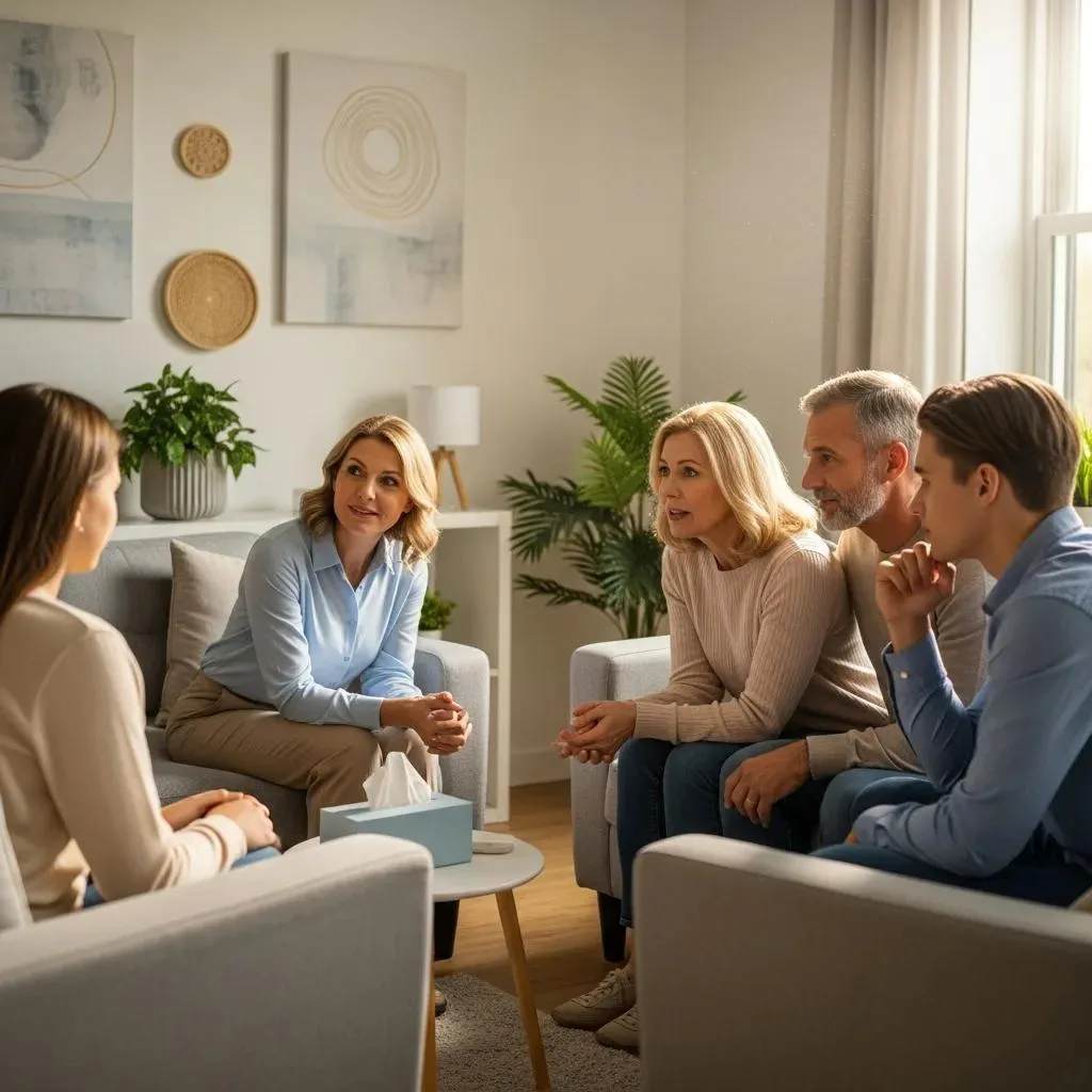 Family Therapy Session With A Therapist Guiding Family Members In Supportive Discussion